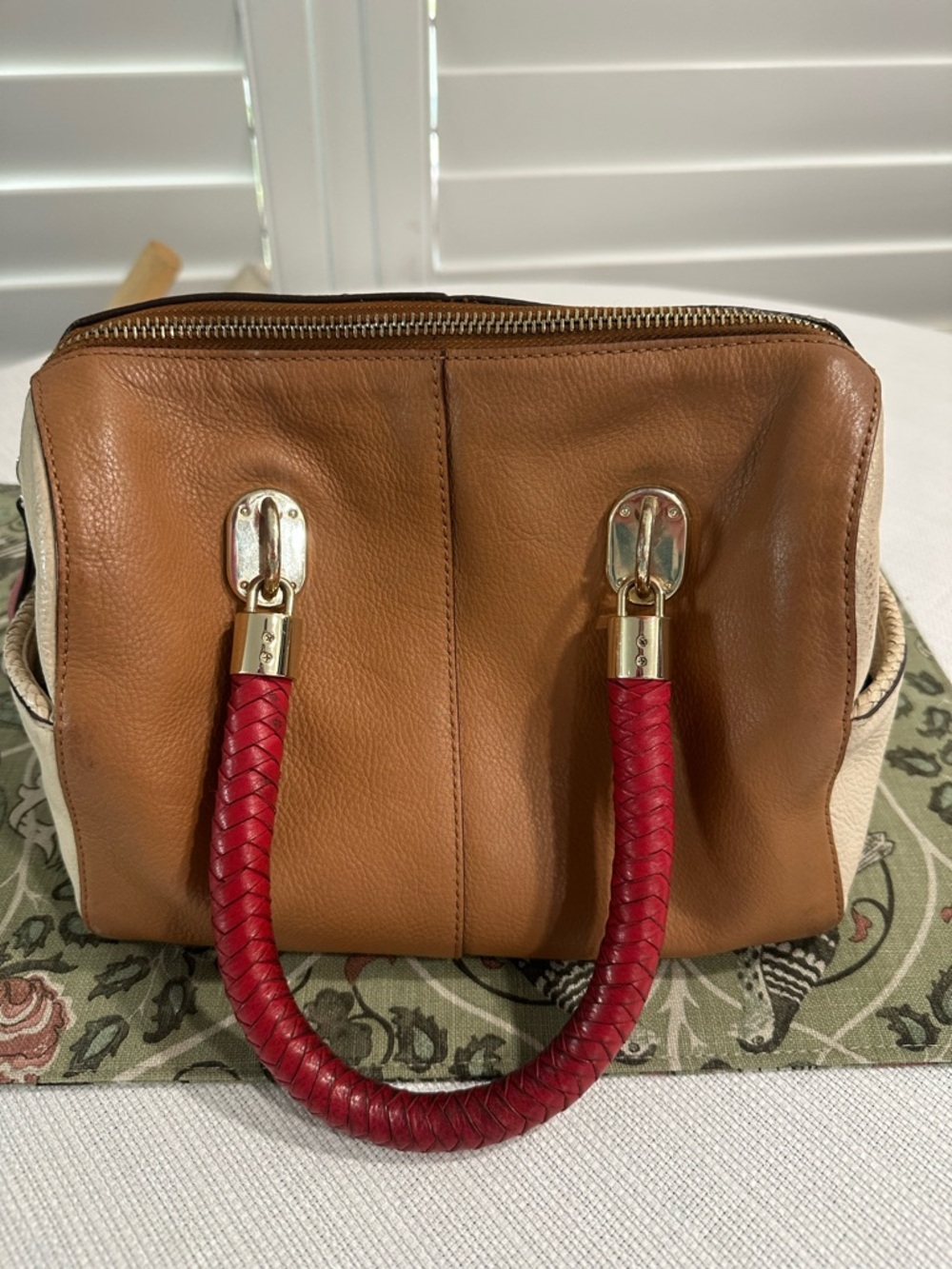 Women’s Two-Tone Satchel with Red Braided Handles